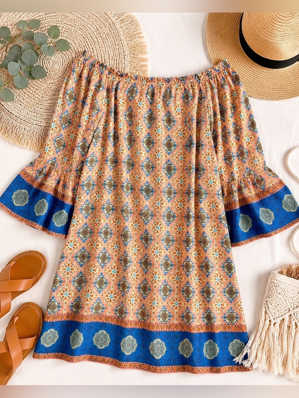 Uncle Frank Boho Peach and Teal Boho Off Shoulder Dress Small Will Fit Large EUC